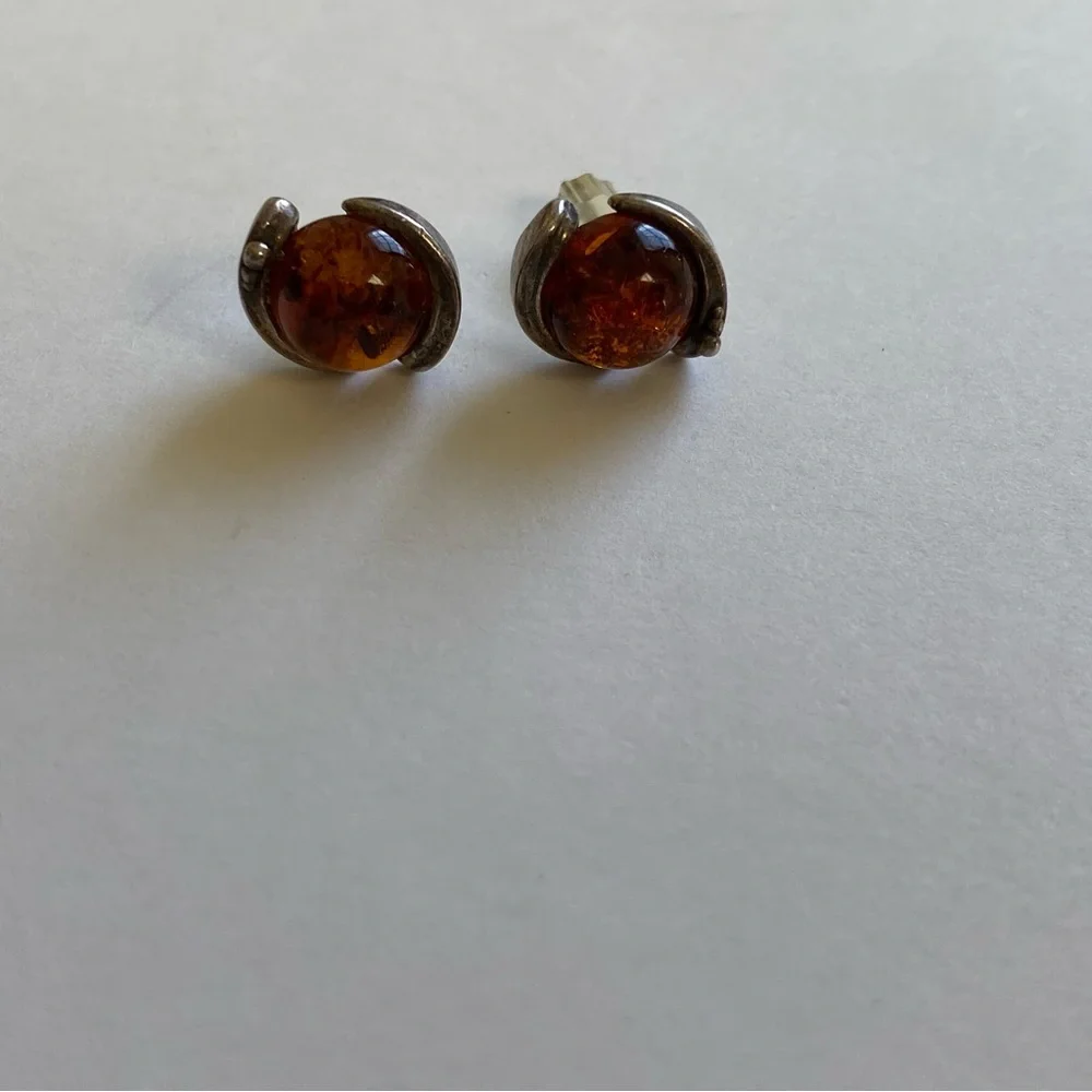 EARRINGS AMBER STERLING SILVER 925 POST STUD PIERCED ROUND 2.5 g